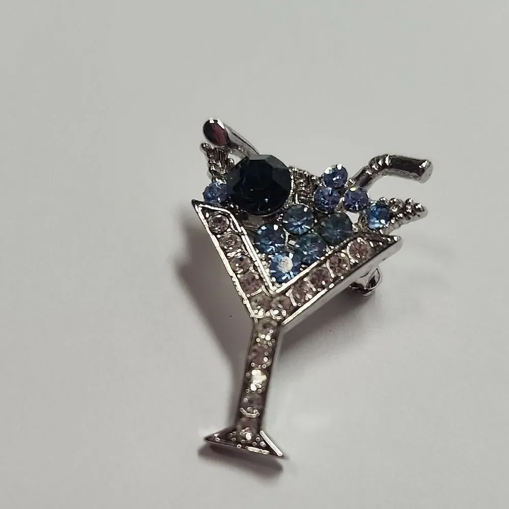 Silver-Tone Blue Crystal Martini Brooch - Women Jewelry